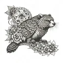 abstract tattoo design featuring otter, bear, owl, raven, water, sun, flowers tattoo design idea