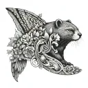abstract tattoo design featuring otter, bear, owl, raven, water, sun, flowers tattoo design idea