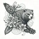abstract tattoo design featuring otter, bear, owl, raven, water, sun, flowers tattoo design idea