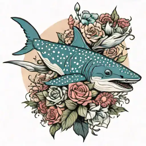 whale shark and flower bouquet tattoo design idea
