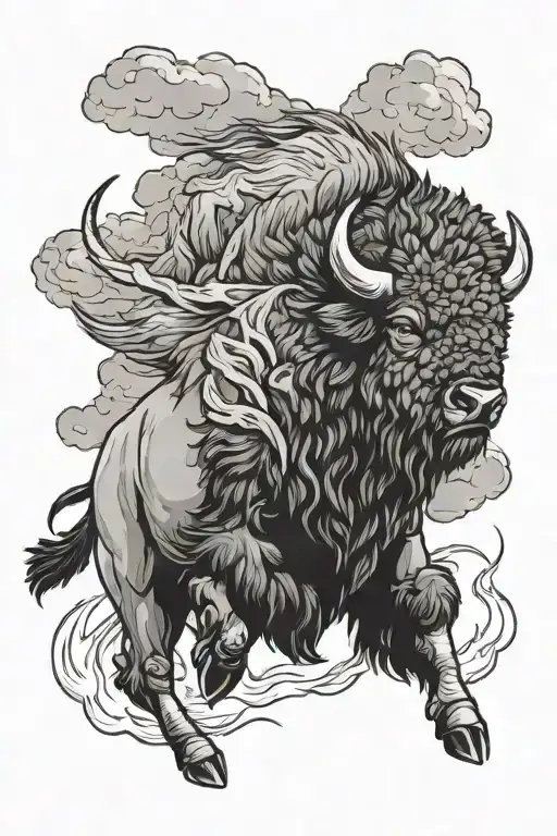 bison running into storm tattoo design idea