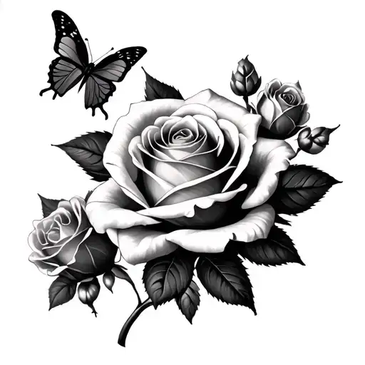 Rose and three small surrounding roses And Butterfly tattoo design idea