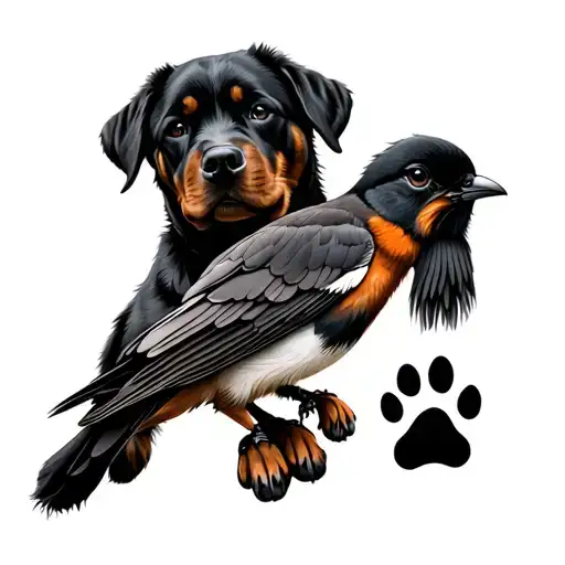 4 different tattoo one as bear paws, the next as a Rottweiler, the next a small Bird, and some dog paws  tattoo design idea