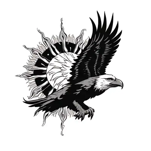 "Zodiac sign leo  flying eagle" combination of flying eagle raising sun  tattoo design idea