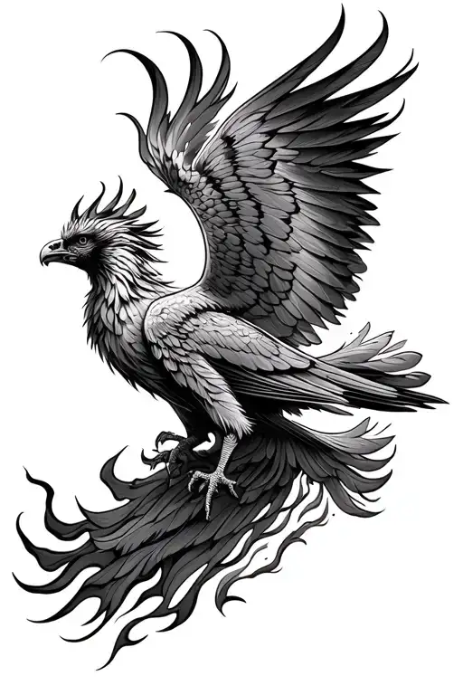 Phoenix in flight with outstretched wings, detailed feathers in classic engraving style. Feathers blend into flames tattoo design idea
