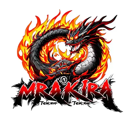 "アキラ" Red-gold fire dragons, a burning torii with 'MRAKIRA,' Akira from Tekken with background tattoo design idea