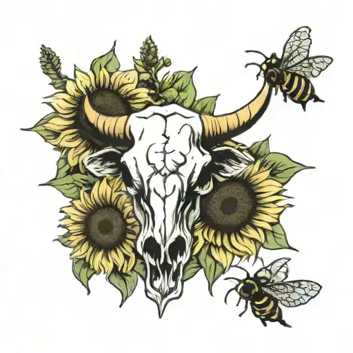Sunflowers and bees with a cow skull  tattoo design idea