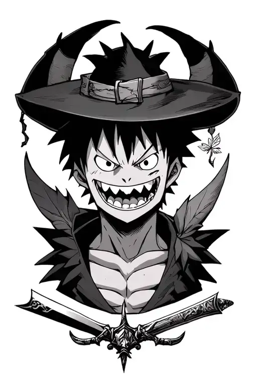 I want Gengar as the main one with Luffy's hat, Zoro's dark sword and Asta's 5-leaf grimoire tattoo design idea