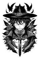 I want Gengar as the main one with Luffy's hat, Zoro's dark sword and Asta's 5-leaf grimoire tattoo design idea