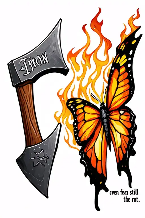 "even iron still fears the rot" axe with butterfly with flames tattoo design idea