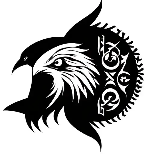 huginn and muninn with norse runes right side of bald head tattoo design idea
