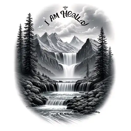 mountains waterfall Jesus Christ grace i am healed tattoo design idea