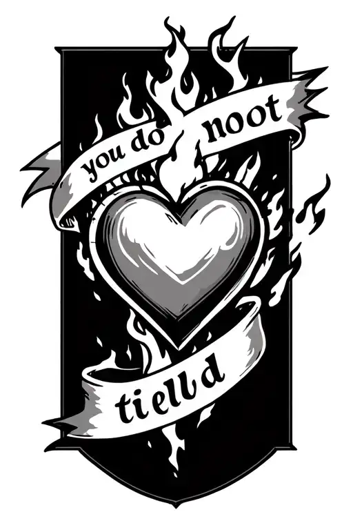 heart on fire with words "you do not yield" on banner tattoo design idea