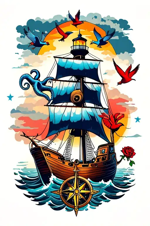 ship on water, lighthouse, anchor with rope, blue octopus, red swallows, red rose, compass, sunset. tattoo design idea