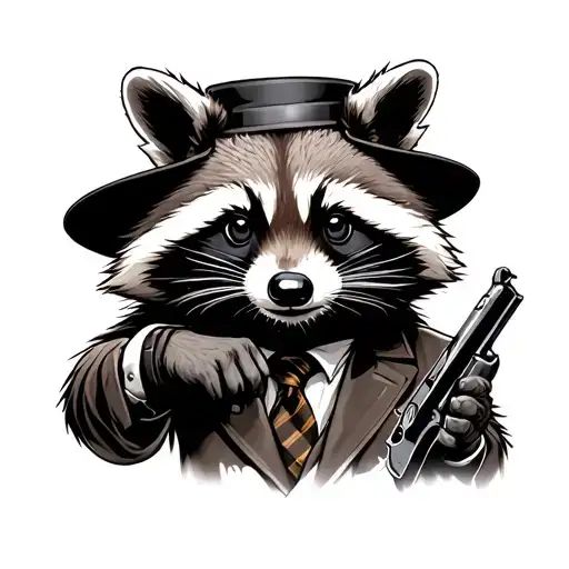 raccoon dressed as mobster with a Tommy gun tattoo design idea