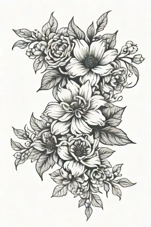 December, November, March and June Birth flowers intertwined tattoo design idea