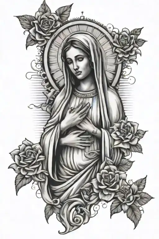 chicano style, virgin mary, with ochun and yemaya inspirations tattoo design idea