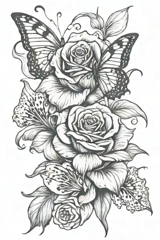rose with butterfly and fire lily and calla lily and rose flower tattoo design idea
