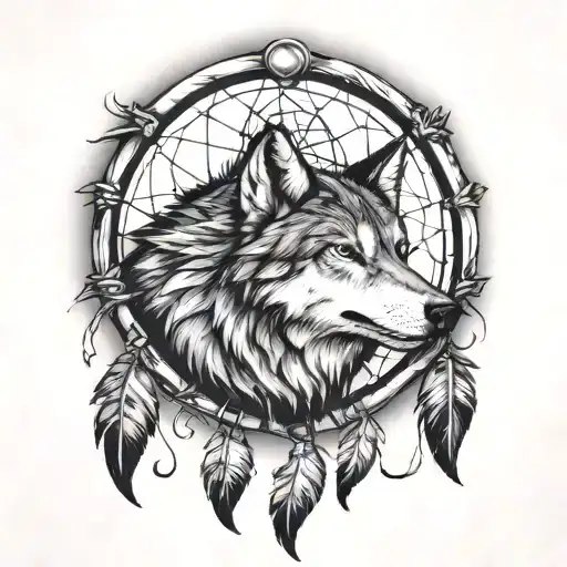 dream catcher with a wolf howling tattoo design idea