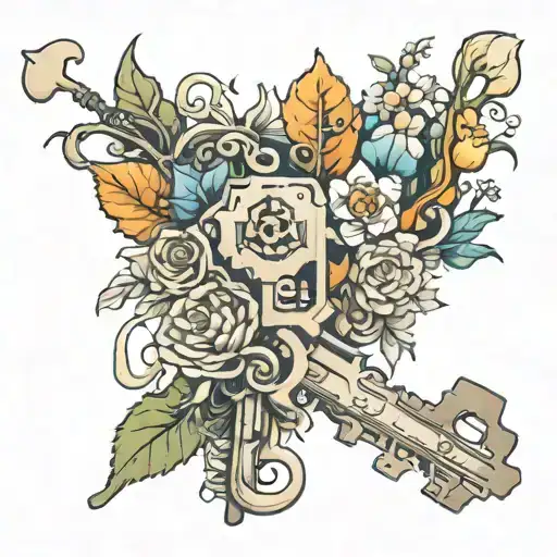 A surreal composition of flowers transforming into keys, symbolizing growth and transformation through self-discovery and introspection tattoo design idea