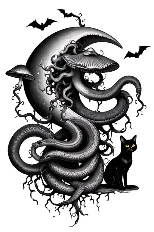 Medusa with many snakes, a crescent moon with vines hanging from it, and a black cat with Halloween bats. mushroom near tattoo design idea