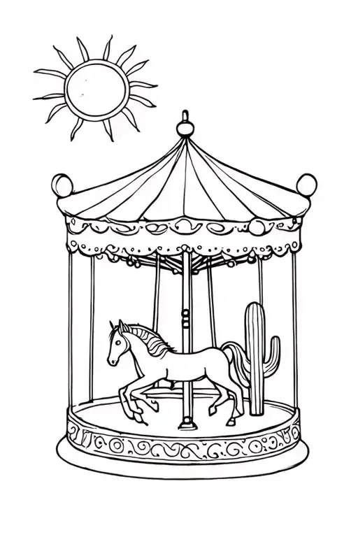 Carousel with one horse and a cactus inside or next to it. and a sun above that tattoo design idea