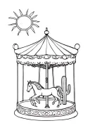 Carousel with one horse and a cactus inside or next to it. and a sun above that tattoo design idea