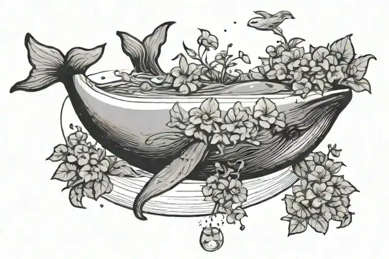 a whale and bowl of petunias falling from the sky like hitchhikers guide to the galaxy tattoo design idea