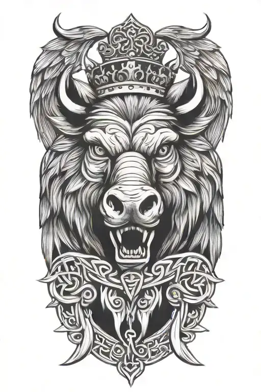 boar head with sword and wings wearing a crown background celtic knot tattoo design idea