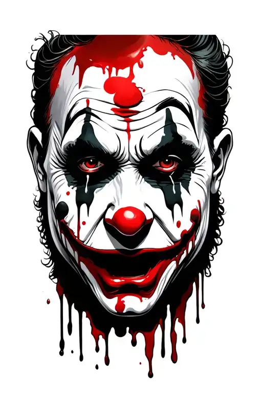 Art the Clown from Terrifier in a detailed black and grey tattoo design. He's wearing his signature blood-splattered mim tattoo design idea