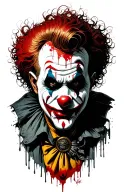 Art the Clown from Terrifier in a detailed black and grey tattoo design. He's wearing his signature blood-splattered mim tattoo design idea