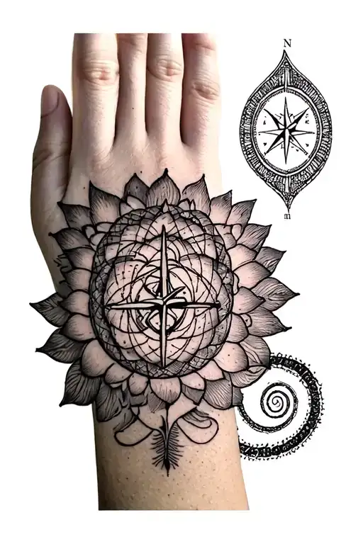 trishul out of a lotus, a spiral around the wrist to show time traveler, karma infinity loop, a small intricate compass tattoo design idea