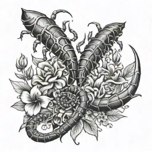 double scorpions with tails kissing with peaceful flowers and hearts tattoo tattoo design idea