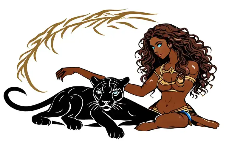 female warrior with long brown curly hair, brown skin and blue eyes petting a black panther like it is her spirit guide tattoo design idea