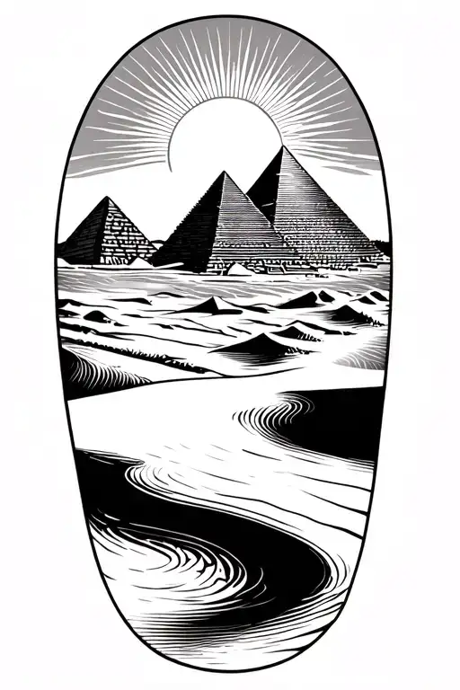 Black and grey Egyptian forearm filler background, pyramids and sand dunes, desert horizon tying into a sun over water  tattoo design idea