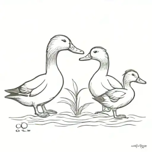 one duck and two ducklings following their mother, in the water tattoo design idea