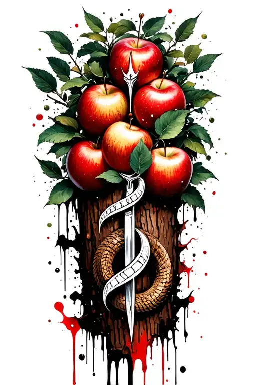 a fleur de lance is coiled around the trunk of the garden of eden tree with apples tattoo design idea