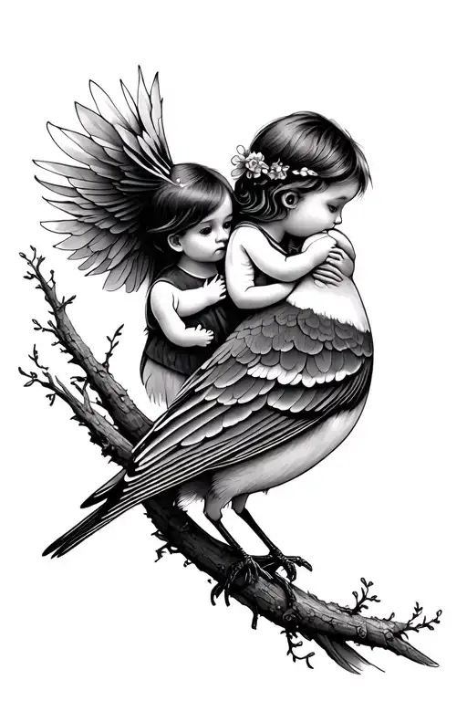 a mockingbird protecting a little girl and a baby girl tattoo design idea