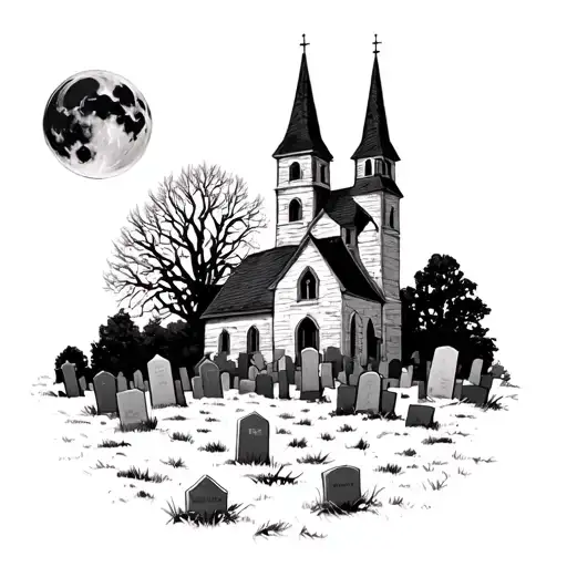 graveyard with church behind and moon above tattoo design idea