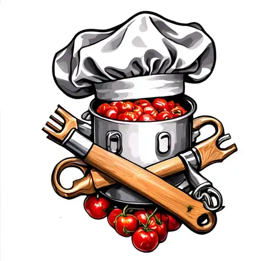 An intricate tattoo of a chef's hat intertwined with physical therapy tools, representing a passion for cooking and helping others tattoo design idea