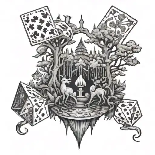 A mystical forest landscape with hidden gambling symbols like dice and cards, showcasing a passion for playing games and all animals tattoo design idea