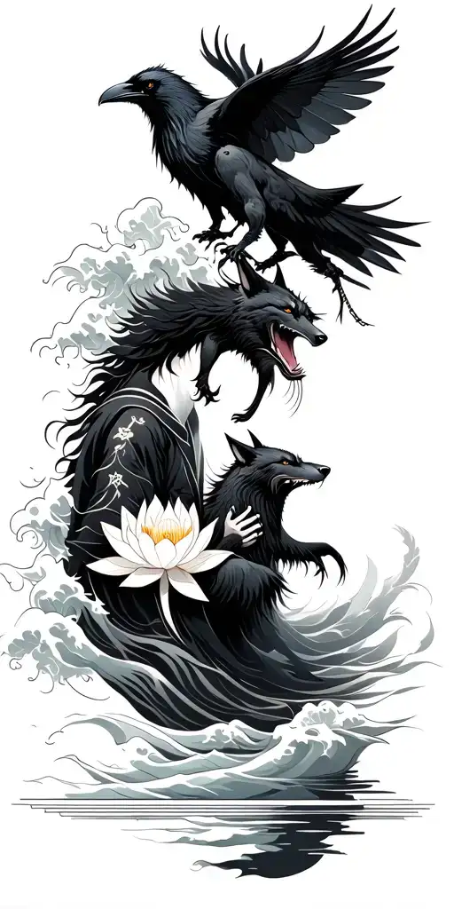 japanese wave with lotus and samuari petting a wolf with a raven on his shoulder tattoo design idea