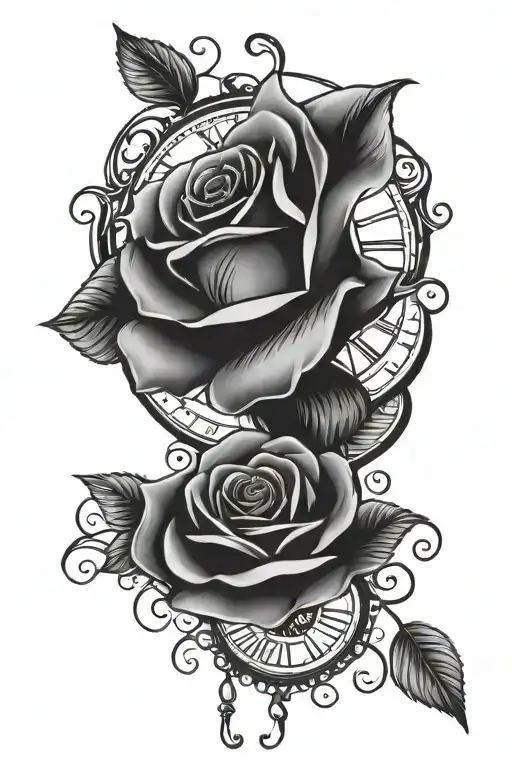 rose n clock surrounded tattoo design idea