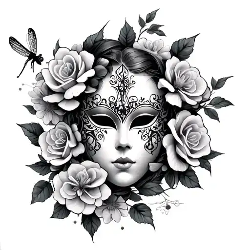 gothic mask with roses and cherry blossoms, tiny dragonfly tattoo design idea