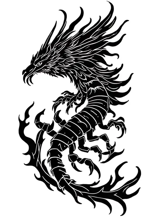 Scorpio and Phoenix rising from flames left arm sleeve tattoo design idea