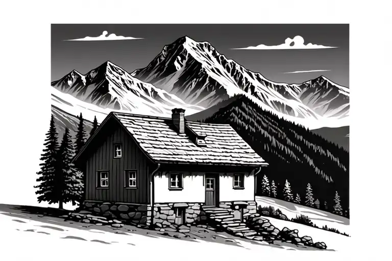 small swiss house with big Swiss alps in the background tattoo design idea