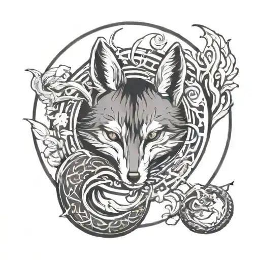 Ouroboros fox tarot devil in red and blue tones tattoo design idea