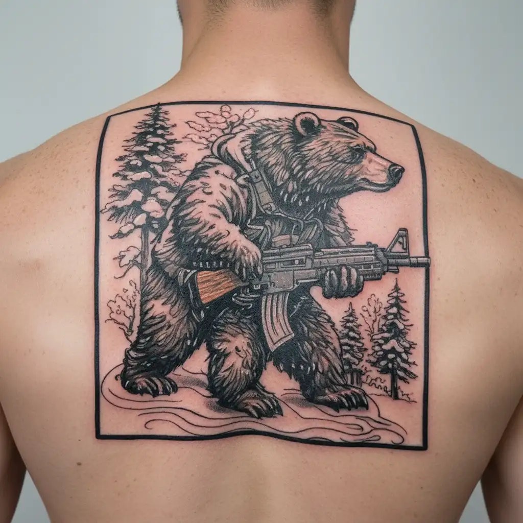 A detailed tattoo of a bear in a snowstorm holding an AK-47 rifle, capturing the essence of winter and military themes tattoo design idea