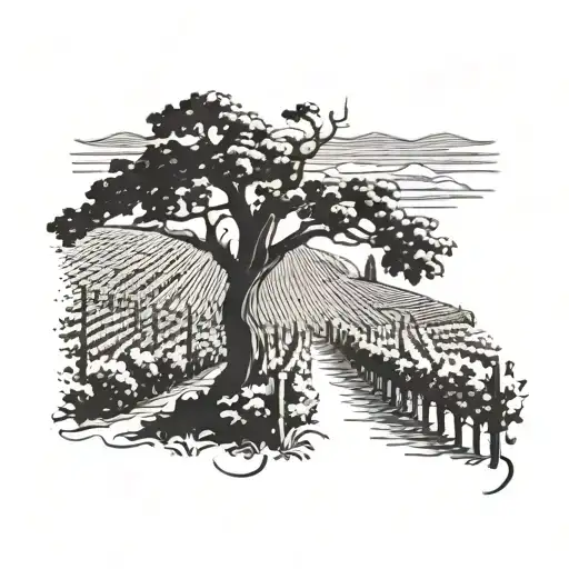 A vineyard landscape with a silhouette of a person reading under a grapevine tattoo design idea