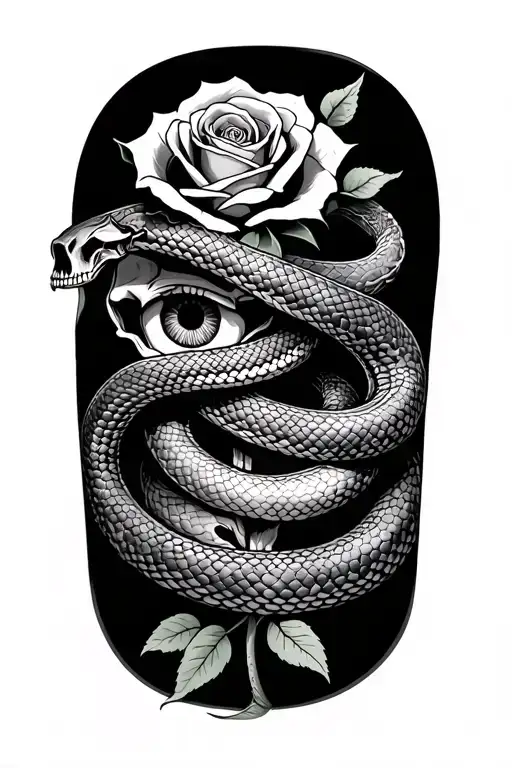 snake wrapped around arm, rose inside, skull, eye tattoo design idea